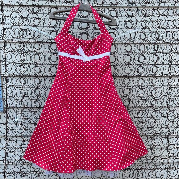 Vint. 90s ZUM ZUM red white polkadot halter pinup rockabilly prom cocktail dress - Picture 1 of 9